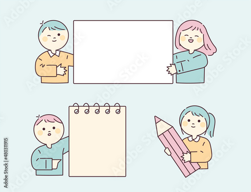 Cute student characters holding large notebooks and pens. flat design style vector illustration.