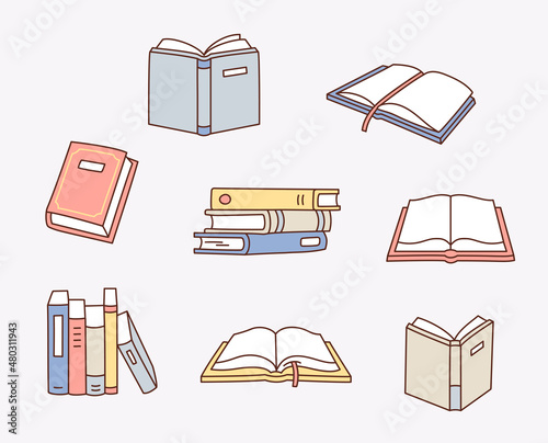 books. Stacked, spread out, and built up. flat design style vector illustration.