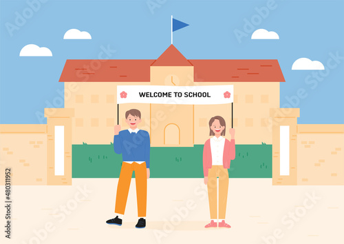 Boy and girl holding welcome banner. There is a school building in the background. flat design style vector illustration.
