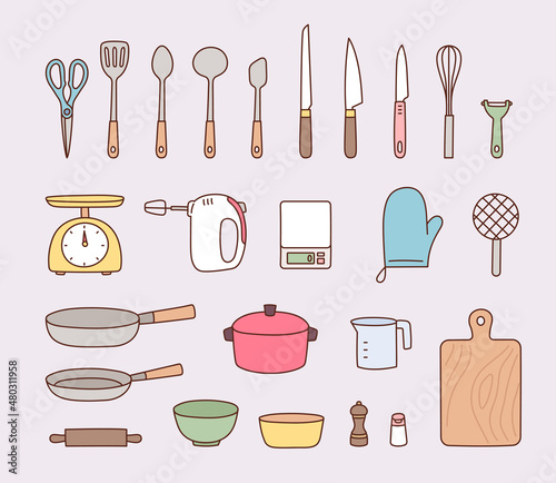 A collection of cooking tools. kitchen utensils. flat design style vector illustration.