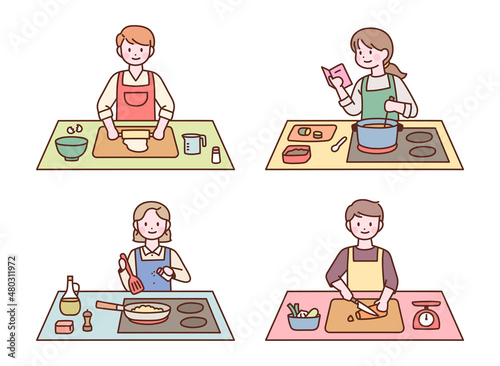People who cook in aprons are spreading dough, reading cookbooks, slicing vegetables and frying food. flat design style vector illustration.