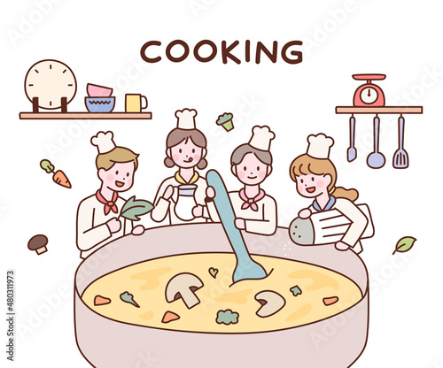 Cute chefs are boiling soup together in a huge pot. flat design style vector illustration.