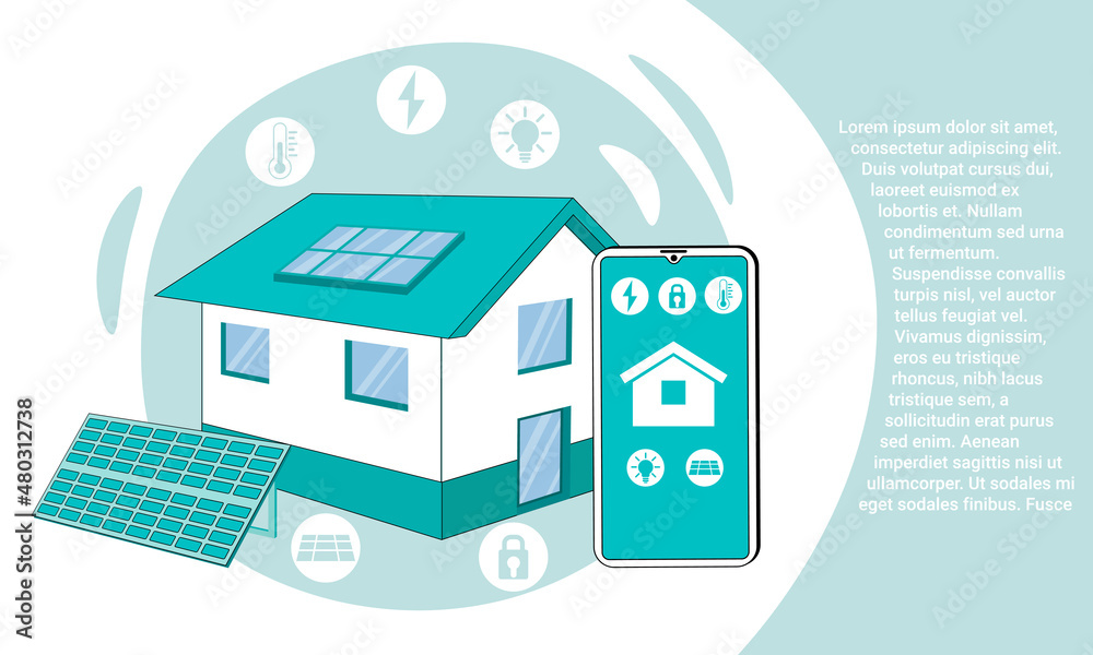 Smart home.Technology for controlling various functions of home electronics.Manage your home using the smartphone app.Illustration in the style of a landing page in green.