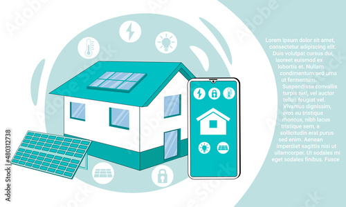 Smart home.Technology for controlling various functions of home electronics.Manage your home using the smartphone app.Illustration in the style of a landing page in green.