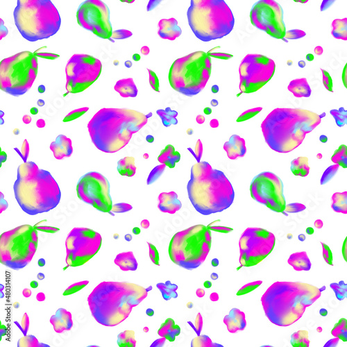 Neon pear on white background seamless pattern. Fluorescent fruit, botanical repeat print. Holographic pear design.