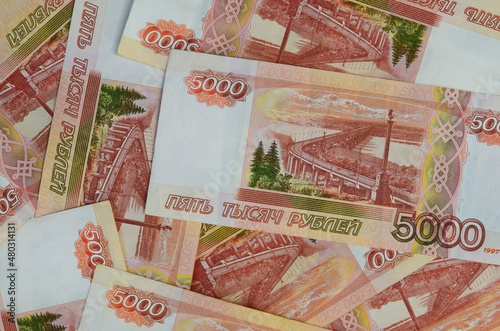 5000 russian rubles, money pattern or background top view, banknotes on the table flat lay photo