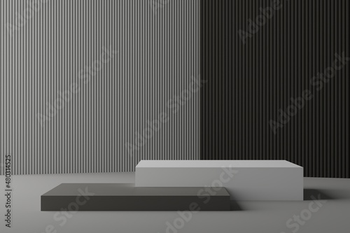 3D gray two tone empty display podiums for product advertising on gray two tone background. 3D rendering of abstract display podium and background. 3d illustration.
