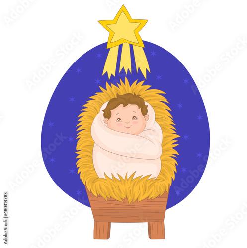 Little baby Jesus on the manger, looking the star, Christmas scene.