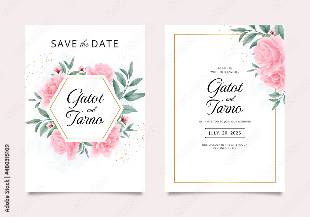 Golden frame wedding invitation template set with watercolor beautiful rose flower