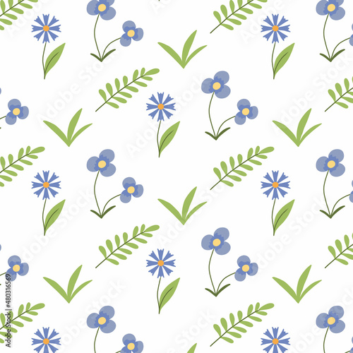  Vector seamless pattern with cornflowers and violets. Cute childish pattern with flowers and leaves. Spring pattern. photo