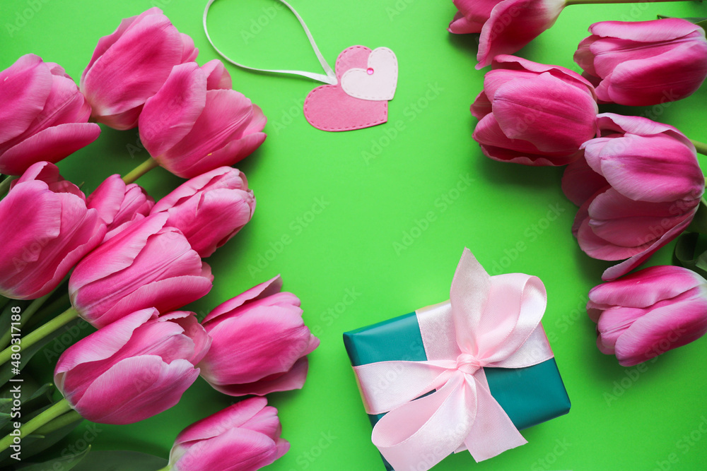 happy valentine's day greeting card. bouquet of pink tulips and pink heart 