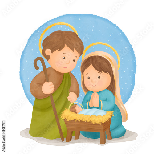 Nativity scene; Jesus, Mary and Joseph, Merry Christmas.