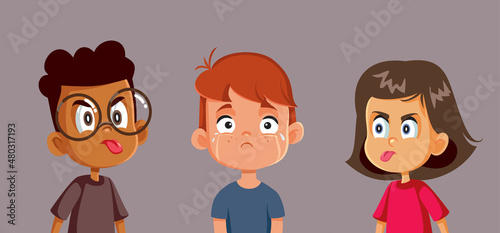 School Kids Bullying a Classmate Making him Cry Vector Illustration