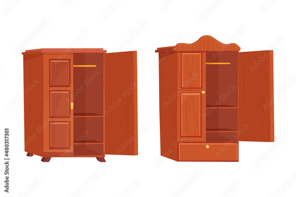 Set Wooden wardrobe empty furniture with shelf in cartoon style isolated on white background. Cupboard, drawer interior object. Set Wooden wardrobe empty furniture with shelf in cartoon style isolated on white background. Cupboard, drawer interior object.