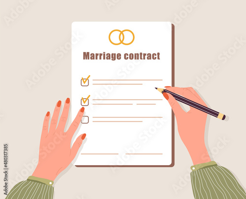 Marriage contract. Woman signs prenuptial agreement document. Prenup wedding certificate. Couple divorce concept. Top-down view. Vector illustration in flat cartoon style.