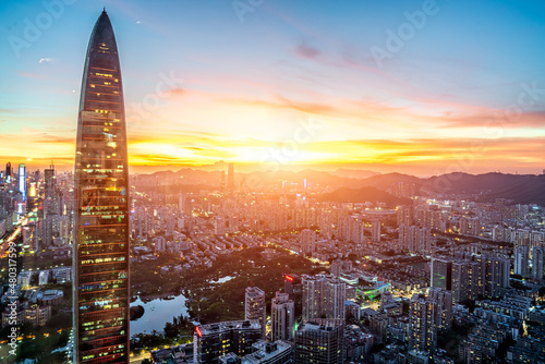 Canvastavla Urban buildings in Shenzhen, Guangdong Province, China, at sunset