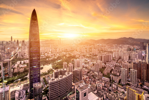 Urban buildings in Shenzhen, Guangdong Province, China, at sunset