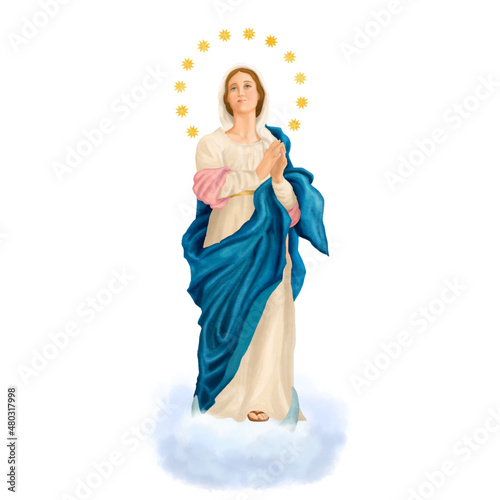Our Lady of immaculate conception Virgin Mary catholic illustration.