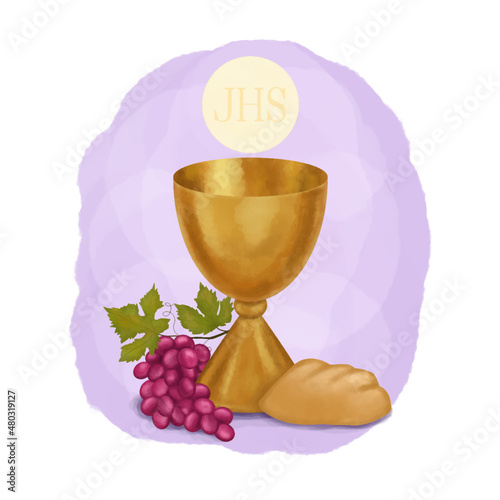 Chalice, host, bread and grapes, First communion greeting card.