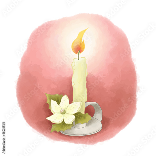 Candle lights and white flower on pink background.
