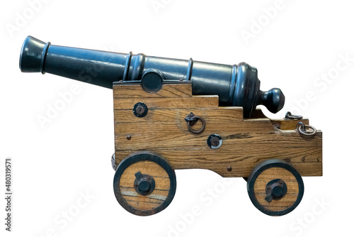Valokuvatapetti antique ship cannon on wheels isolated on a white background
