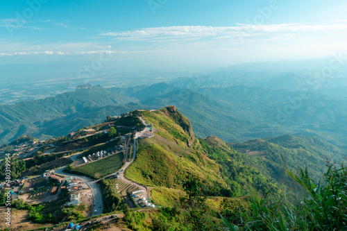 High angle view of Pha Hua Sing on a clear day, you can see the complicated mountainous area in the area of Phu Thap Boek, a tourist attraction of Phetchabun province. photo