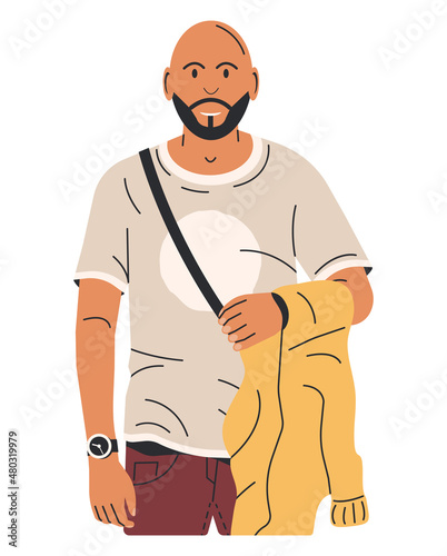 Bald Young Man with Beard with Jacket in Hand. Stylish Bald Bearded Male Character in Casual Clothes. Trendy Modern Man Standing Pose. Guy in TShirt, Chinos. Cartoon Flat Vector Illustration