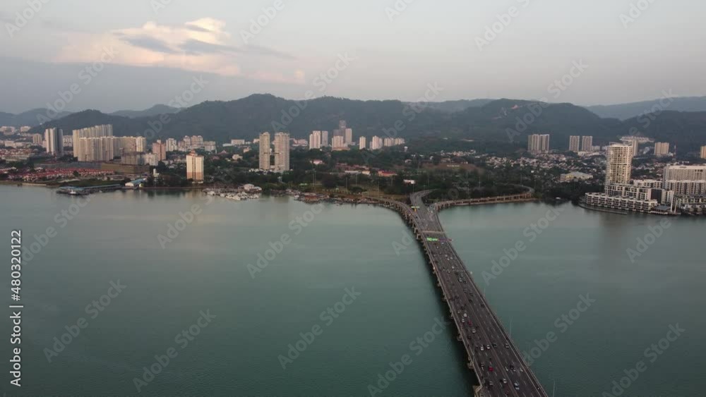 Aerial view morning of car move toward Georgetown Penang Aerial view morning of car move toward Georgetown Penang