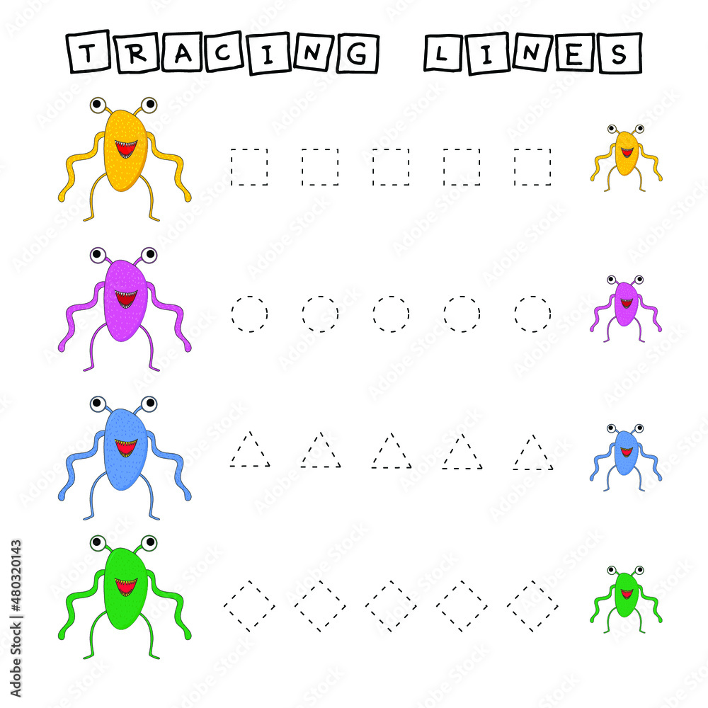 Tracing lines game with funny monsters. Worksheet for preschool kids, kids activity sheet, printable worksheet
Tracing lines game with funny monsters. Worksheet for preschool kids, kids activity sheet, printable worksheet