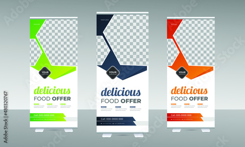 New Modern Food Roll-Up Banner Design Template for Restaurant and Cafe Business with three different gradient colors. Vertical, roll-up template, banner stand, or flag design template.