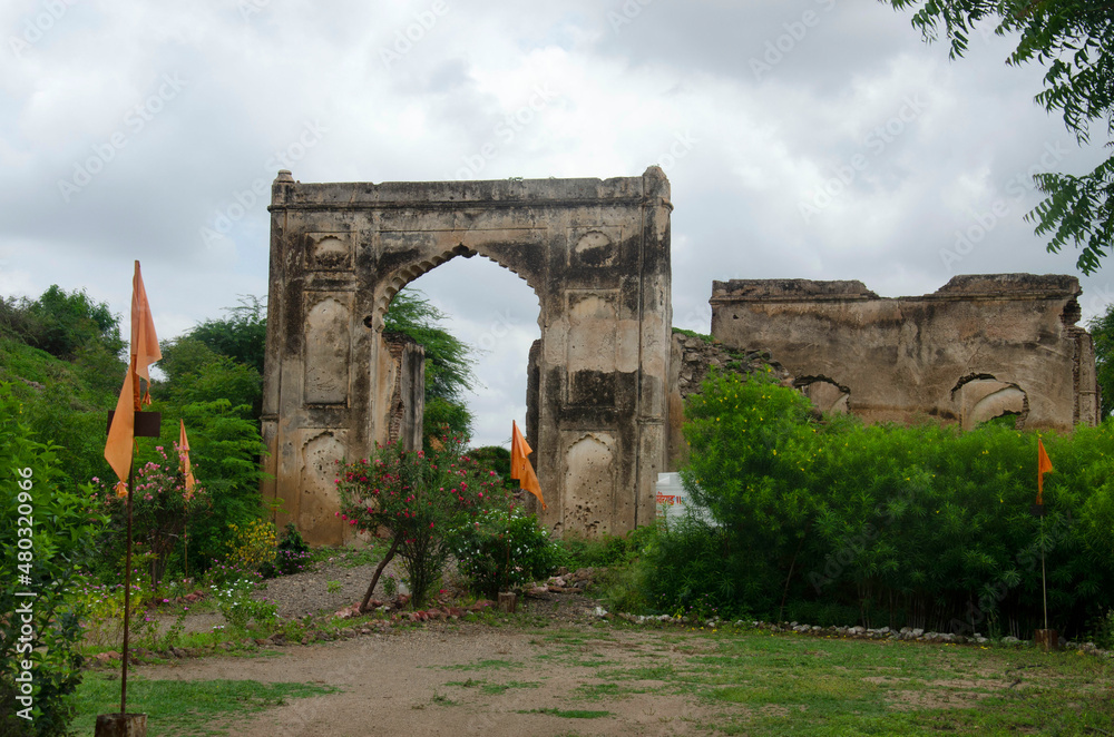 Entrance gate to Bahadurgad or Dharmaveergad named the memory of Chhatrapati Sambhaji Raje, located on the left bank of river Bhima, Pedgaon, Taluka Shrigonda, Maharashtra, India