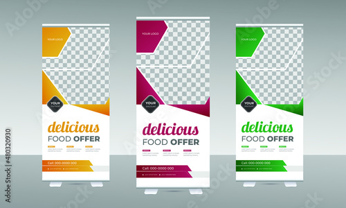 Creative Food Roll-Up Banner Design Template for Restaurant and Cafe Business 
with three different gradient colors.
Vertical, roll-up template, banner stand, or flag design template.