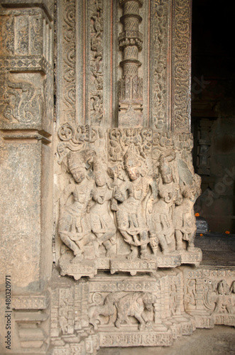 Carved wall outside the sanctum of the Baleshwar temple, one of the five rock temples inside Bahadurgad, Pedgaon, Taluka Shrigonda, Maharashtra, India
