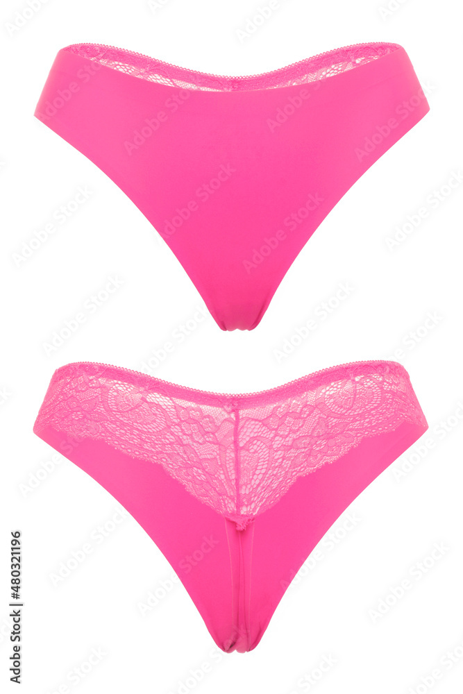 Detail shot of hot pink lace seamless thong panties. The sexy lingerie with floral pattern is isolated on the white background. Front and back views. Detail shot of hot pink lace seamless thong panties. The sexy lingerie with floral pattern is isolated on the white background. Front and back views.