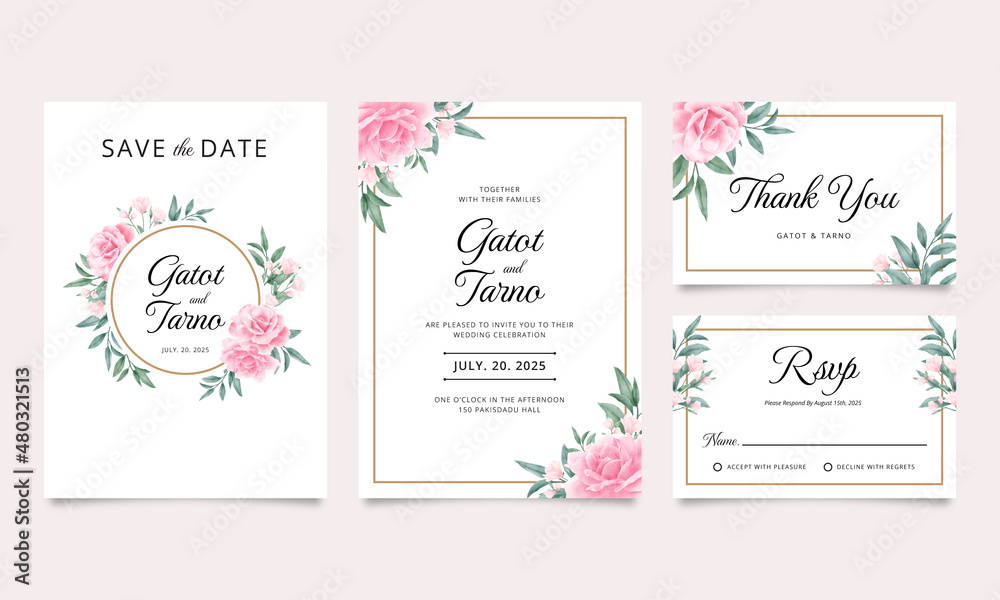 Set of beautiful wedding invitation card template with watercolor roses and green leaves
