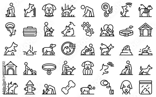 Dog walk icons set outline vector. Pet owner. Animal leash