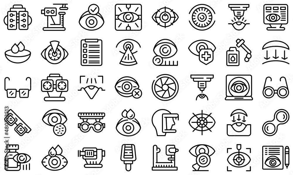 Laser vision correction icons set outline vector. Surgery refractive. Beam eye Laser vision correction icons set outline vector. Surgery refractive. Beam eye