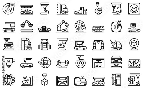 3D cars printing icons set outline vector. Computer printer. Car auto factory