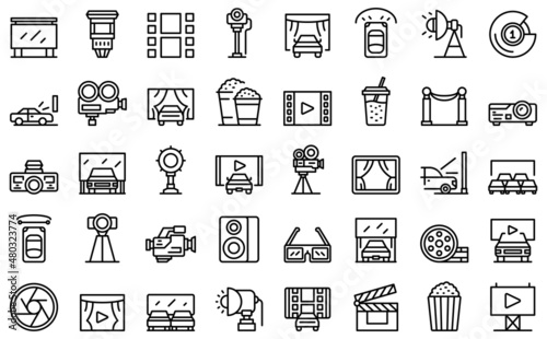 Drive-in cinema icons set outline vector. Drive auto. Car open