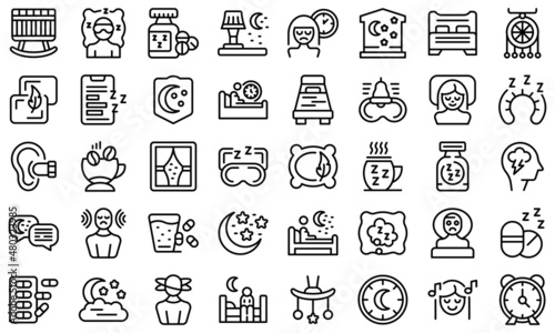 Insomnia icons set outline vector. Coffee man. Stress causes