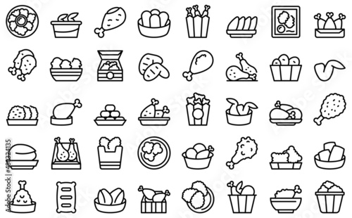 Chicken nuggets icons set outline vector. Basket grill. Finger cook