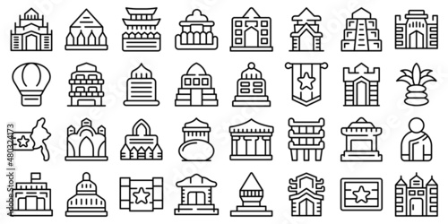Canvas Myanmar icons set outline vector. Burma yangon. Map architecture