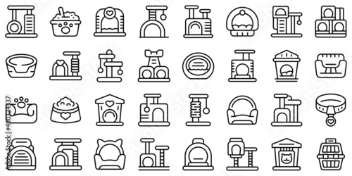 Cat house icons set outline vector. Tree tower. Post house