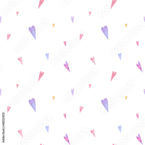 Watercolor seamless pattern with soft pink and lilac small hearts. Mood of love for your designs. A simple pattern on a white background. For, textile, wallpapers, scrapbooking and wrapping paper 