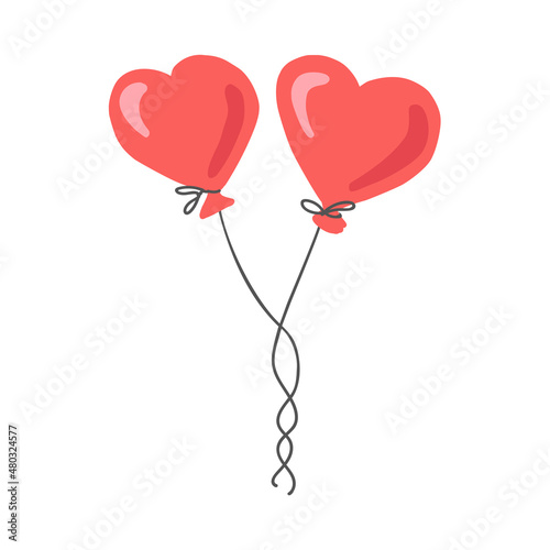 Two heart shaped balloons isolated on white background in cartoon style.
