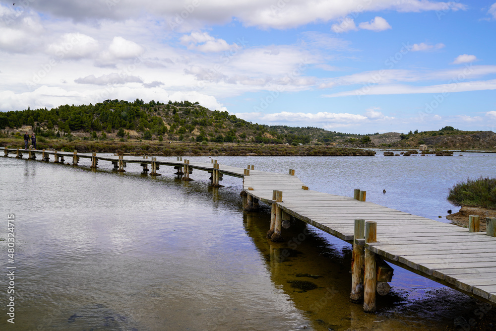 Bridge Over River Against Sky wooden pontoon on Peyriac-de-Mer in france