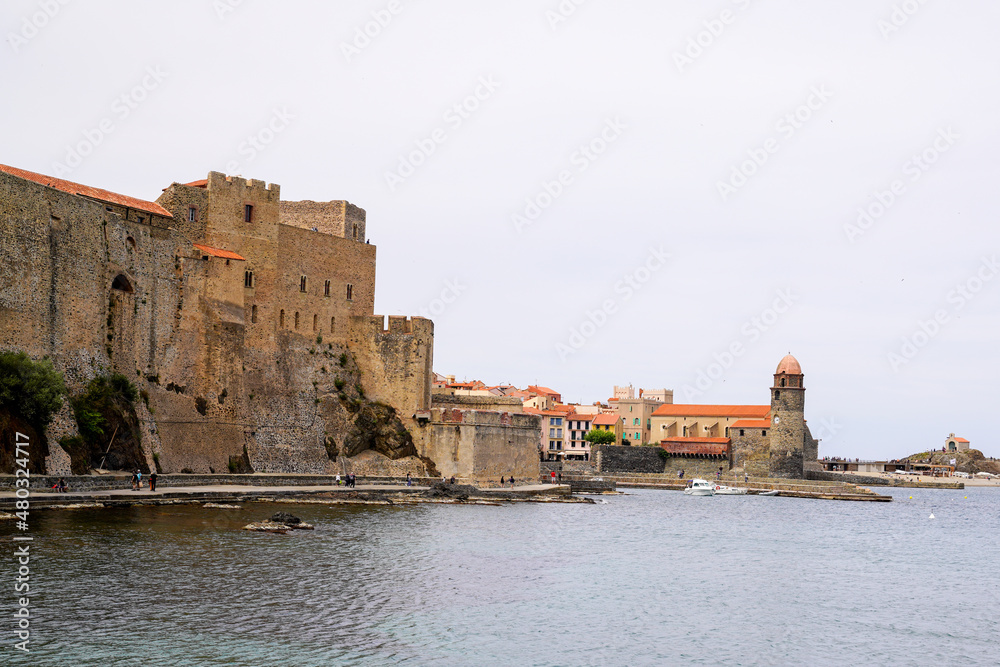 Collioure town in France with Royal palace and angels Church