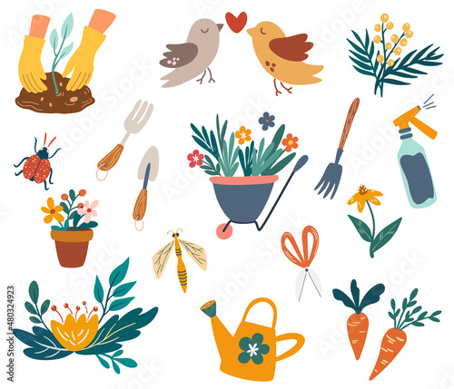 Gardening set. Hand draw garden work elements: tools, flower pot, watering can, flower cart, insects and birds. Gardener farm, flower store. Spring, summer time. Vector cartoon illustration.