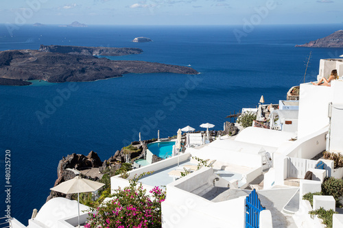 Domes  steeples  bells and white buildings of Santorini  Greece
