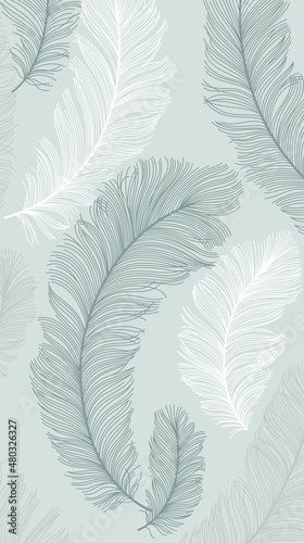 Gray and white color of feathers on gray color background, flat line vector and illustration.